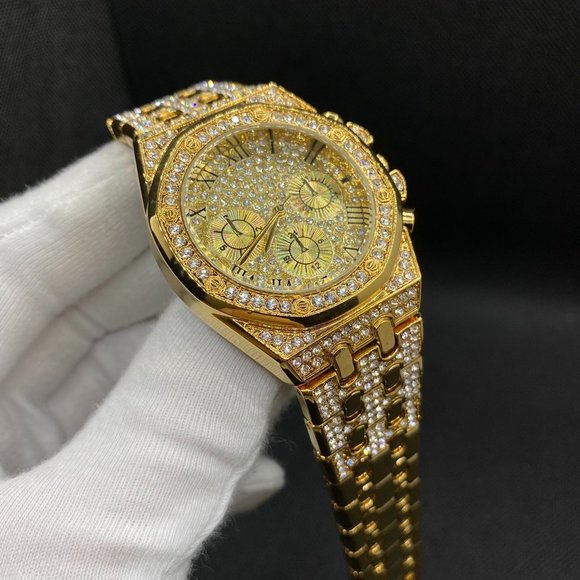 Men's Luxury Brand  Gold Color Iced Out Watch - Picture 2 of 5